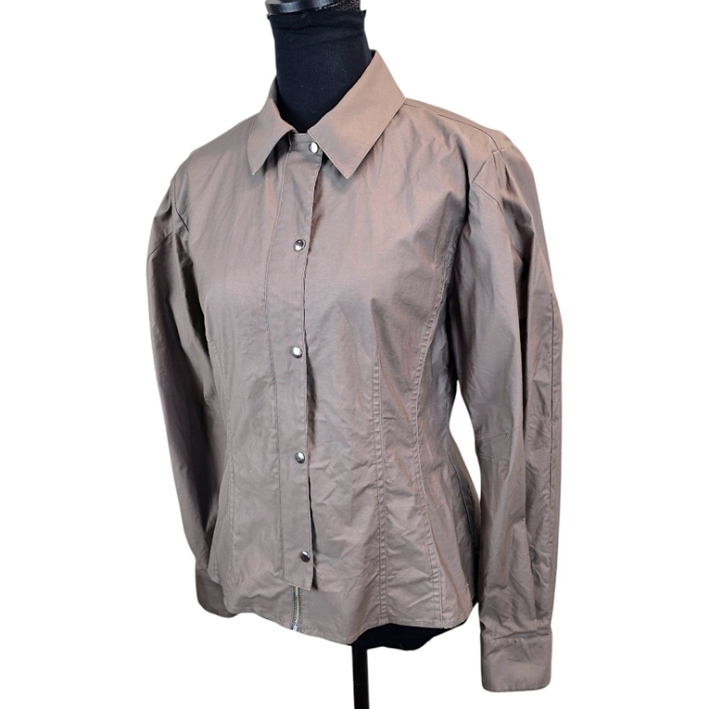 Thakoon Cotton Puff Sleeve Shirt Jacket Sz 6 Taupe Fitted Avant Garde Unique - Picture 3 of 16